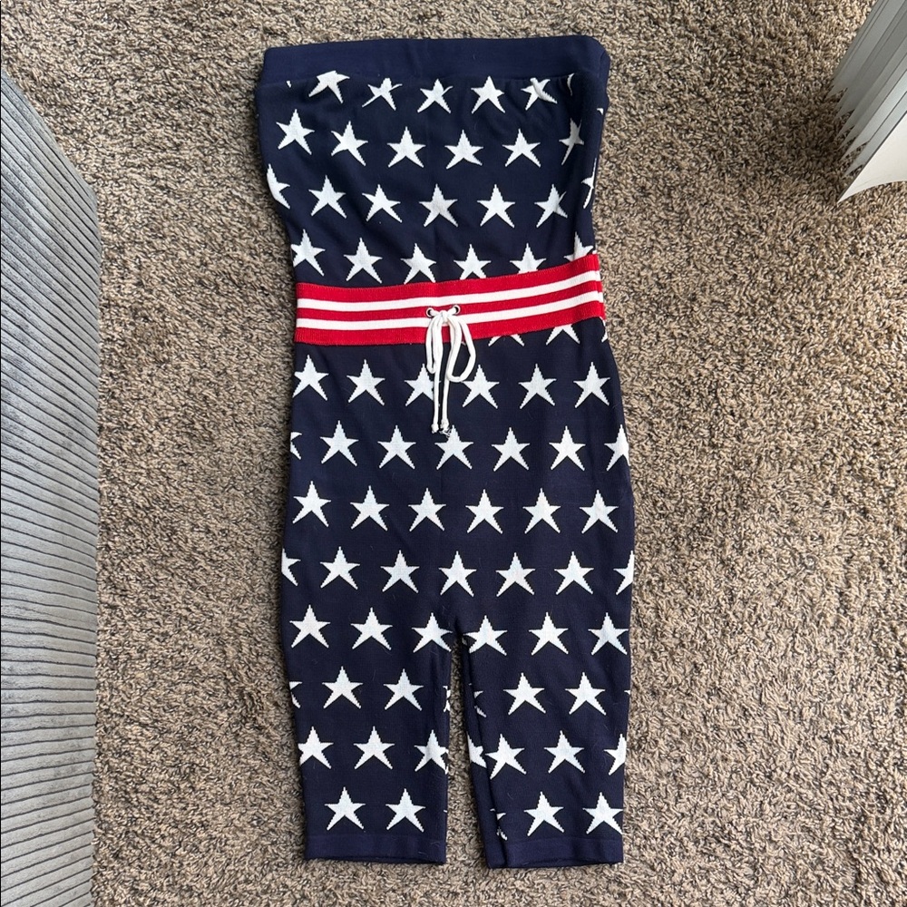 Fashion Nova Navy Star Jumpsuit with Red Stripe